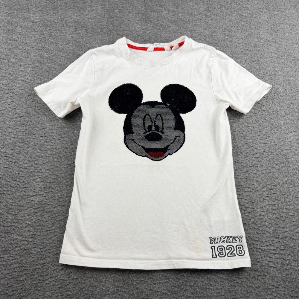 Disney H&M Mickey Mouse White Sequin Flip Graphic T-Shirt Kids 8-10Y‎
